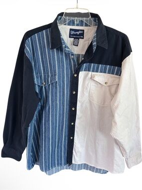 Wrangler Western Snap Shirt Mens XXL Colorblock Striped Patchwork Cotton Cowboy